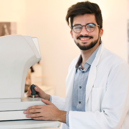 Optometrist looking up from eye test machine and smiling at camera