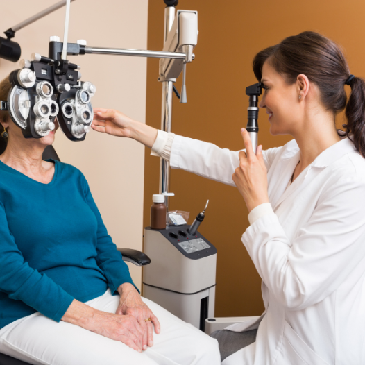 Smiling optometrist assessing patients eye sight 