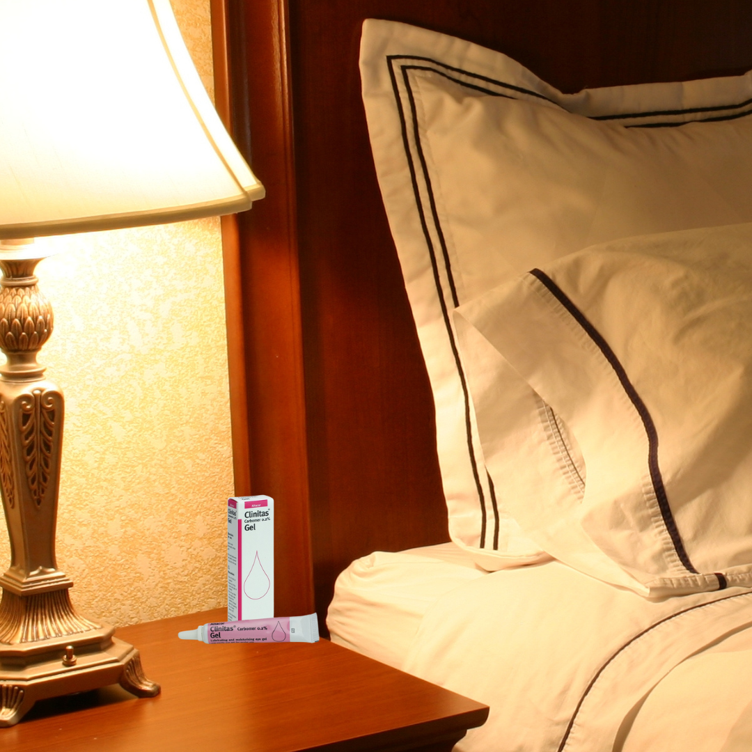 Clinitas hydrate carbomer gel on nightstand ready for overnight use